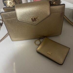 Michael Kors Metallic Gold Crossbody Bag with Matching Card Holder